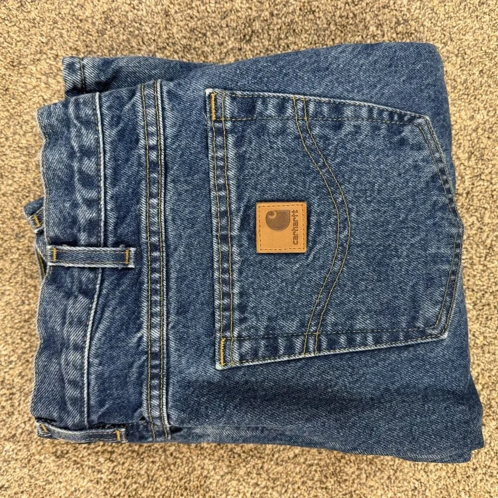 Carhartt Flannel Lined Jeans Mens 34x32 Blue Relaxed Fit Work Denim B172 DST EUC